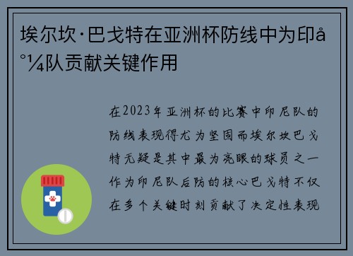 埃尔坎·巴戈特在亚洲杯防线中为印尼队贡献关键作用 埃尔坎·巴戈特在亚洲杯防线中为印尼队贡献关键作用