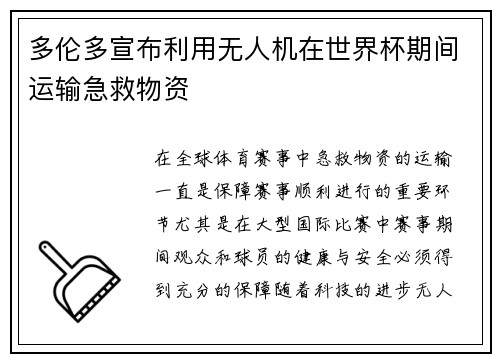 多伦多宣布利用无人机在世界杯期间运输急救物资
